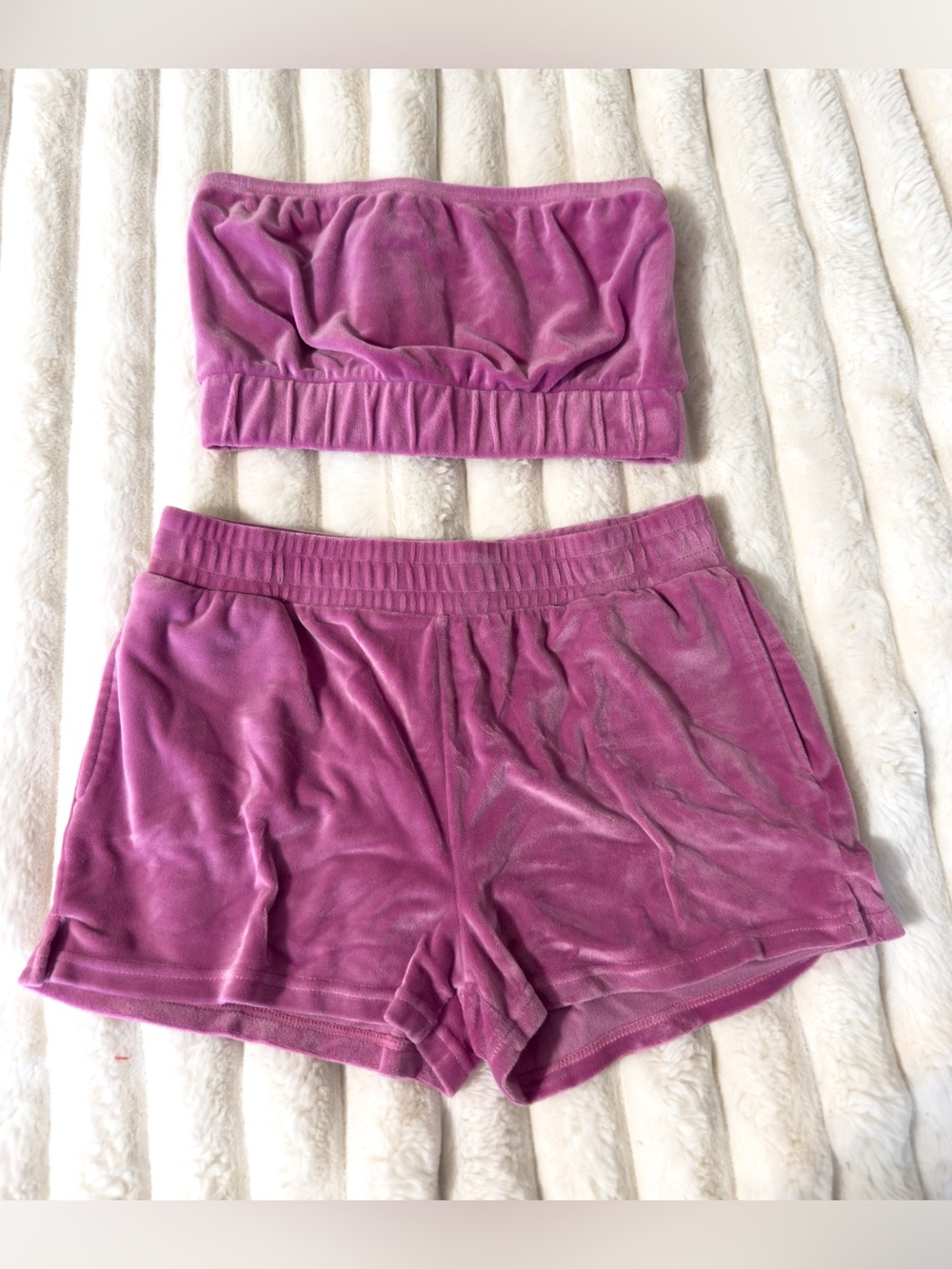 Plush Velvet Bandeau Top and Shorts Set - Pink